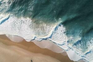 Ocean waves on the beach as a background. Beautiful natural summer vacation holidays background. Aerial top down view of beach and sea with blue water waves, generate ai photo