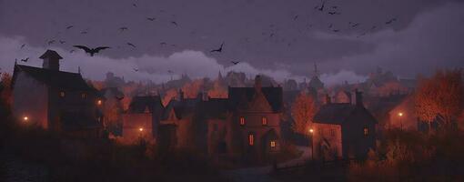 3d illustration horror castle background with graveyard in halloween night, generate ai photo