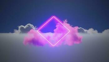 3d render, abstract minimal background with pink blue yellow neon light square frame with copy space, illuminated stormy clouds, glowing geometric shape, generate ai photo