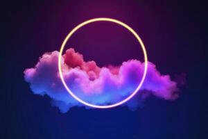 3d render, abstract cloud illuminated with neon light ring on dark night sky. Glowing geometric shape, round frame, generate ai photo