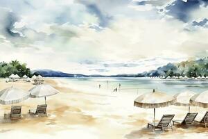 Beautiful beach banner. White sand, chairs, and umbrella travel tourism wide panorama background concept. Amazing beach watercolor landscape watercolor painting, generate ai photo