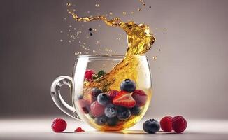 Magic tea concept, levitating effect. Flying ingredients for herbal tea with honey and berries. Tea in transparent glass tea cup, levitation. image photo