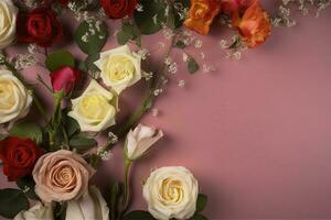 Roses Flower Arrangement, Copy Space, Flat Lay , generate ai photo