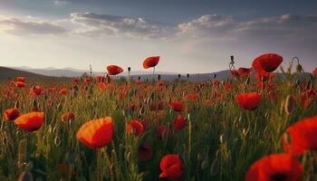 Anzac Day memorial poppies. Field of red poppy flowers to honour fallen veterans soldiers in battle of Anzac armistice day. Wildflowers blooming poppy field landscape, generate ai photo