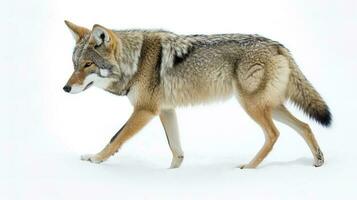 A lone coyote Canis latrans isolated on white background walking and hunting in the winter snow in Canada, generate ai photo