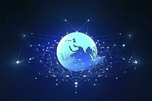 Global network on Earth concept. 3D rendering, World map point. Big data analytics and business concept, world map point and line composition concept of global business, generate ai photo