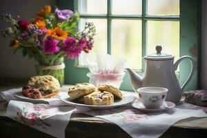 A Mother's Day arrangement with tea and scones in front of a bright window, generate ai photo