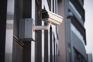 seguridad cámara en moderno edificio. profesional vigilancia cámaras cctv en el pared en el ciudad. seguridad sistema, tecnología. vídeo equipo para la seguridad sistema zona controlar exterior. ai generado. foto