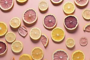 Uniform pattern of dried lemon slices with shadow on a pink background. Flat lay, generate ai photo