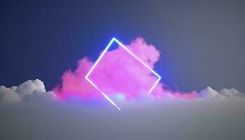 3d render, abstract minimal background with pink blue yellow neon light square frame with copy space, illuminated stormy clouds, glowing geometric shape, generate ai photo