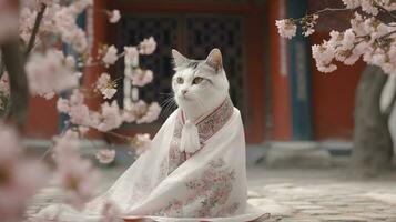 A cute miniature kitten in a gorgeous Chinese dress, shawl wedding dress, chiffon material, floor - length skirt with embroidery and laceg, generate ai photo