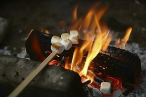 ardiente fuego en un compacto parrilla, madera registros envuelto en rojo llamas, de cerca de freír Malvaviscos en fuego, fumar se levanta, concepto de divertido fiesta, Cocinando delicadeza al aire libre, generar ai foto