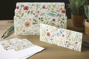 Create a set of watercolor floral patterned stationery that includes notecards, envelopes, and letterheads, generate ai photo