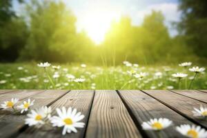 Wooden Board With Daisy Flower Field As Background , generate ai photo