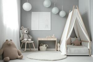 Modern minimalist nursery room in scandinavian style. Baby room interior in light colours, image photo