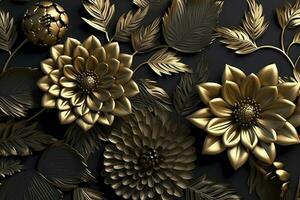 3d mural floral wallpaper. golden and black flowers and leaves. 3d render background wall decor, generate ai photo