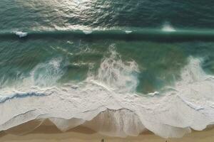 Ocean waves on the beach as a background. Beautiful natural summer vacation holidays background. Aerial top down view of beach and sea with blue water waves, generate ai photo