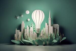 Paper cut of light bulb with green eco city , Renewable energy by 2050 Carbon neutral energy or greenhouse gas emission CO2 , Save energy creative idea concept , photo