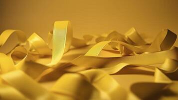 a yellow ribbon is placed on a yellow background, in the style of ultrafine detail, exciting texture, photo