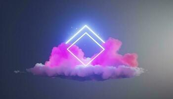 3d render, abstract minimal background with pink blue yellow neon light square frame with copy space, illuminated stormy clouds, glowing geometric shape, generate ai photo