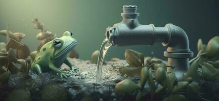 saving water, I want to save water, in the style of surreal composition, light navy and green, photorealistic representation, Vray, simple, colorful illustrations, focus stacking, generate ai photo