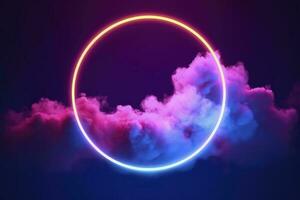 3d render, abstract cloud illuminated with neon light ring on dark night sky. Glowing geometric shape, round frame, generate ai photo