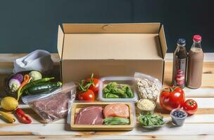 caja con lleno carne y vegetales en cocina antecedentes. comida entrega servicios durante el coronavirus pandemia y social distanciamiento compras en línea. cena entrega servicio, generar ai foto