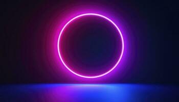 3d render, blue pink neon round frame, circle, ring shape, empty space, ultraviolet light, 80s retro style, fashion show stage, abstract background, generate ai photo