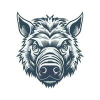 Wild pig angry face logo with two large tusks coming up from his closed mouth. Pig icon illustration drawing. vector