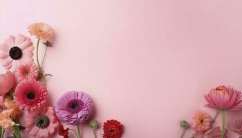 Top view image of pink flowers composition over pastel background , generate ai photo