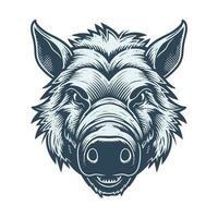 Wild pig angry face logo with two large tusks coming up from his closed mouth. Pig icon illustration drawing. vector