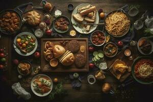 Table scene with a selection of delicious foods. Top view over a dark wood banner background, generate ai photo