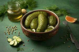 Bowl with tasty fermented cucumbers and ingredients on green background, generate ai photo