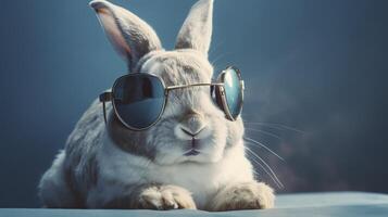 Cool bunny with sunglasses on colorful background. photo