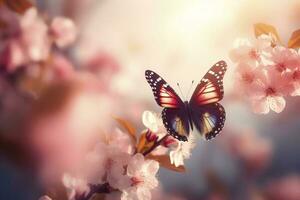 Spring banner, branches of blossoming cherry against the background of blue sky, and butterflies on nature outdoors. Pink sakura flowers, dreamy romantic image spring, landscape panorama, generate ai photo