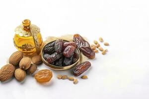 Eid al-Fitr holiday concept with sweet dried dates, fruits and decorations on bright background. Top view from above, generate ai photo