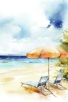 Beautiful beach banner. White sand, chairs, and umbrella travel tourism wide panorama background concept. Amazing beach watercolor landscape watercolor painting, generate ai photo