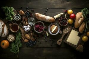 Table scene with a selection of delicious foods. Top view over a dark wood banner background, generate ai photo