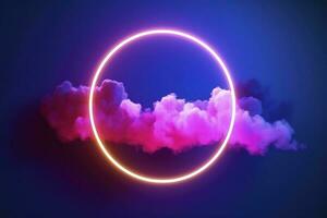 3d render, abstract cloud illuminated with neon light ring on dark night sky. Glowing geometric shape, round frame, generate ai photo