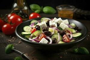 Greek salad with fresh vegetables, feta cheese, kalamata olives, dried oregano, red wine vinegar and olive oil. Healthy food, generate ai photo