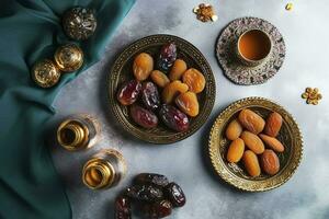 Eid al-Fitr holiday concept with sweet dried dates, fruits and decorations on bright background. Top view from above, generate ai photo