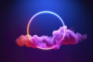 3d render, abstract cloud illuminated with neon light ring on dark night sky. Glowing geometric shape, round frame, generate ai photo
