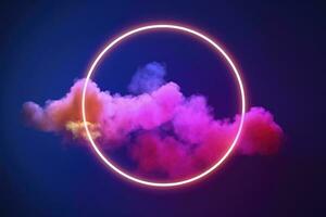 3d render, abstract cloud illuminated with neon light ring on dark night sky. Glowing geometric shape, round frame, generate ai photo