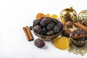 Eid al-Fitr holiday concept with sweet dried dates, fruits and decorations on bright background. Top view from above, generate ai photo