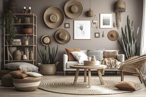 Stylish and modern boho inspired living room with carpet, rattan furniture, pillows, plants, photo wall decoration and personal accessories. Natural home decor, boho room interior, image