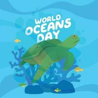 world oceans day design template for celebration. ocean day vector design. ocean illustration with turtle.