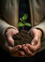 un niño participación un planta en su manos con un verde antecedentes y luz de sol brillante mediante el hojas en el planta, generar ai foto