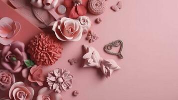 Creative layout with pink flowers, paper heart over punchy pastel background. Top view, flat lay. Spring, summer or garden concept. Present for Woman, generate ai photo