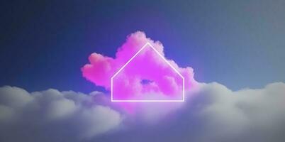 3d render, abstract minimal background with pink blue yellow neon light square frame with copy space, illuminated stormy clouds, glowing geometric shape, generate ai photo