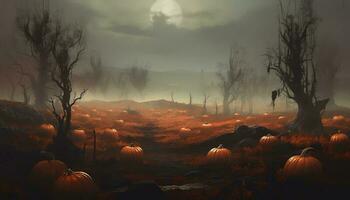 Scary photo of halloween pumpkin in dark autumn forest halloween celebration background, generate ai